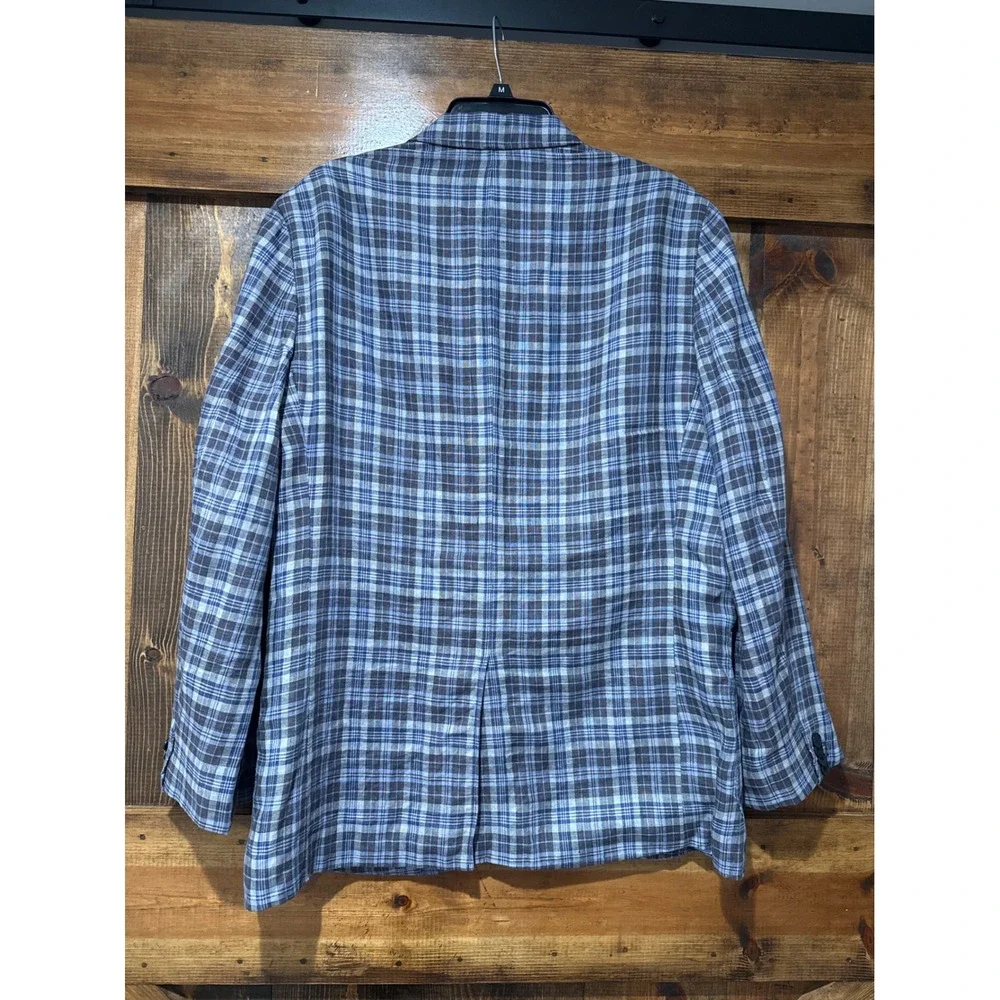 Banana Republic Tailored Fit 100% Linen Plaid Blazer Sport Coat Blue Brown 44R